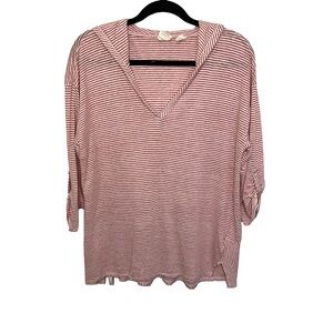 C & C Women 1X Red White Stripe Roll Cuff Long Sleeve V Neck Hooded Top Popover